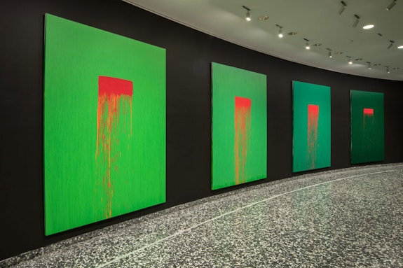 Installation view: Pat Steir: Color Wheel, Hirshhorn Museum and Sculpture Garden, 2019–20. Photo: Lee Stalsworth. Courtesy of Pat Steir and Lévy Gorvy.