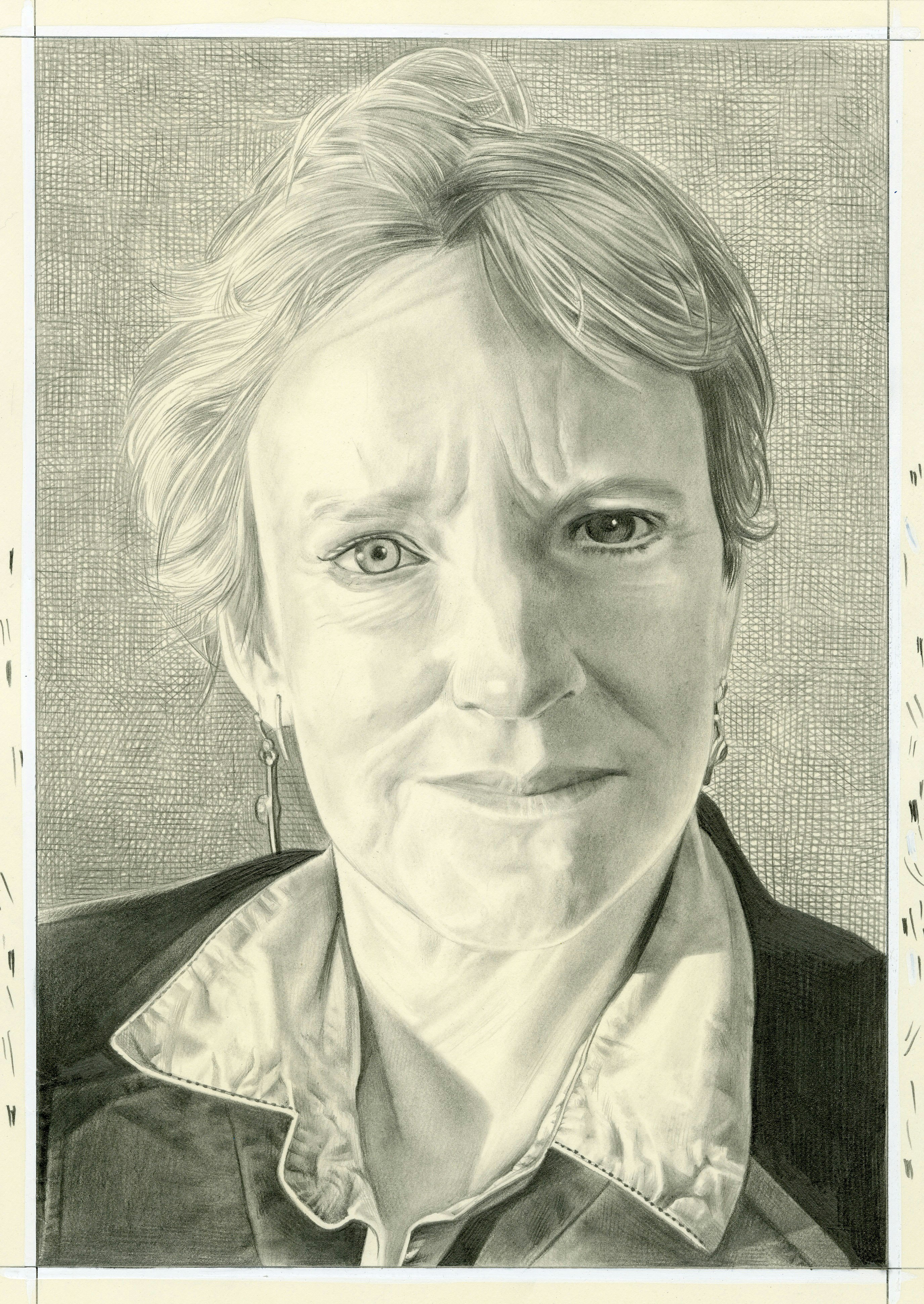 Portrait of Eleanor Heartney, pencil on paper by Phong H. Bui.