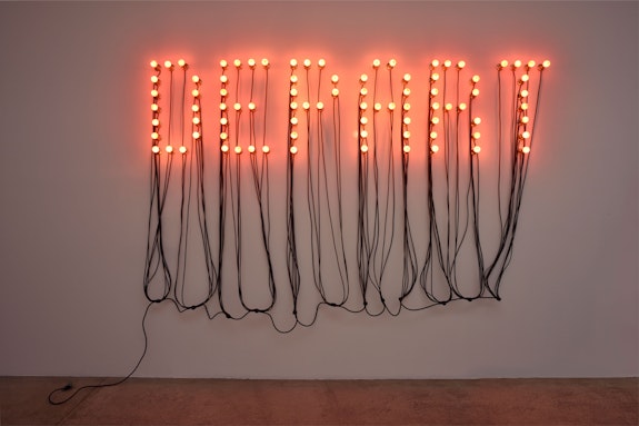 Christian Boltanski, <em>Départ</em>, 2015. Red light bulbs, black electric cables, 72 3/4 x 111 1/2 inches. Courtesy the artist and Marian Goodman Gallery. Photo: © Rebecca Fanuele. © ADAGP, Paris, 2019.