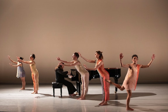 Pictured (L to R): Christine Flores, Netta Yerushalmy, Simone Dinnerstein, Jason Collins, Lindsey Jones, and Maile Okamura in <em>New Work for Goldberg Variations</em> at The Joyce Theater, Dec. 10-15, 2019.  Photo: Erin Baiano