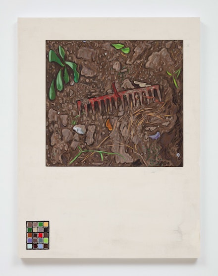 Josephine Halvorson, <em>Ground Register: Rake/Chart</em>, 2019. Gouache and site material on panel, 42 x 32 inches. © Josephine Halvorson, courtesy of Sikkema Jenkins & Co., New York.