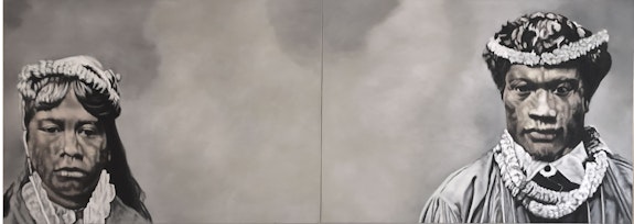 Michele Zalopany, <em>Wahine and Kane</em>, 2019. Pastel on linen , 29 x 80 inches, diptych. Courtesy the artist and Steven Harvey Fine Art Projects.