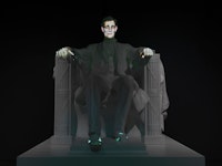Krzysztof Wodiczko, <em>A House Divided</em>..., 2019. 4K video projection on sculpture, figure height: 98 1/2 inches, pedestal: 27 1/2 x 94 x 95 inches. © Krzysztof Wodiczko. Courtesy Galerie Lelong & Co., New York.