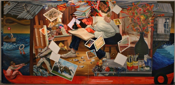 Nicole Eisenman, <em>Progress: Real and Imagined [left panel]</em>, 2006. Oil on canvas, 243.8 x 457.2 cm. Courtesy of Ringier AG / Sammlung Ringier, Switzerland.