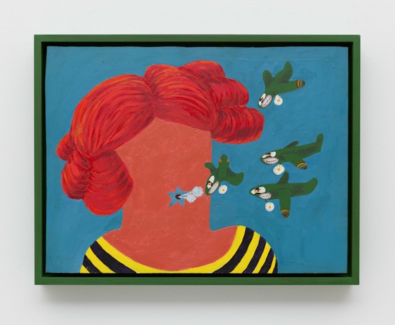 Gladys Nilsson, <em>Gigantica und der Messerschmitts</em>, 1965. Acrylic on panel in artist's frame, 13 1/4 x 17 1/4 inches. © Gladys Nilsson, Courtesy Garth Greenan Gallery and Matthew Marks Gallery.