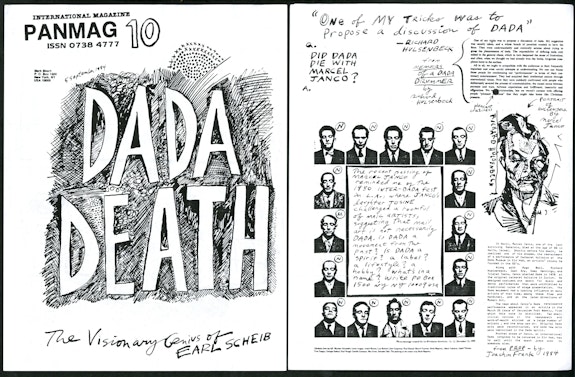 Mark Bloch, <em>Panmag International Magazine</em>, Issue 10: Dada Death. New York, 1984. 8 1/2 x 11 inches. Photocopy. Left: Cover (page 1). Right: page 6. Published in honor of Inter-Dada 84, a Mail art/Dada festival in San Francisco, 1984.