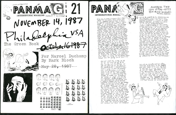 Mark Bloch, Left: <em>Panmag International Magazine</em>, Issue 21: Marcel Duchamp Issue. New York, 1987. 8 1/2 x 11 inches. Photocopy. Cover (page 1).  Right:  <em>Panmag International Magazine</em>, Issue 2: 