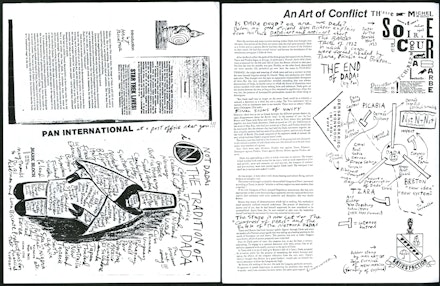 Mark Bloch, <em>Panmag International Magazine</em>, Issue 10: Dada Death. New York, 1984. 8 1/2 x 11 inches. Photocopy. Left: page 2. Right: page 4. Published in honor of Inter-Dada 84, a Mail art/Dada festival in San Francisco, 1984.