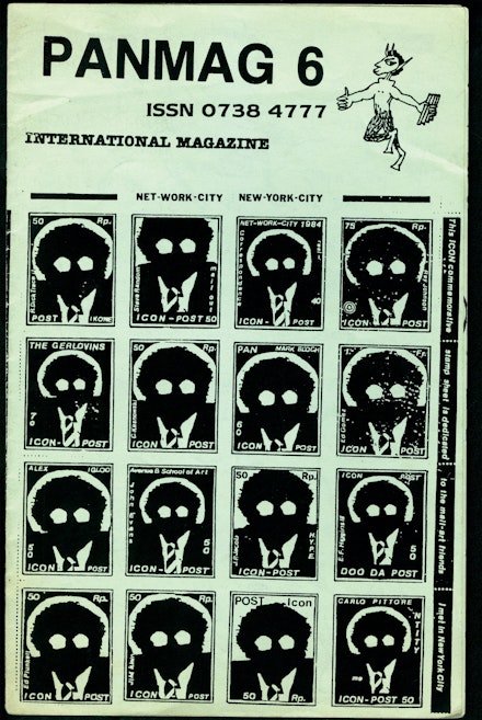 Stamp sheet by H.R. Fricker of Trogen, Switzerland. From the cover of Mark Bloch's<em> Panmag International Magazine</em>, Issue 6, New York, 1984. 5 1/2 x 8 1/2 inches. Photocopy.