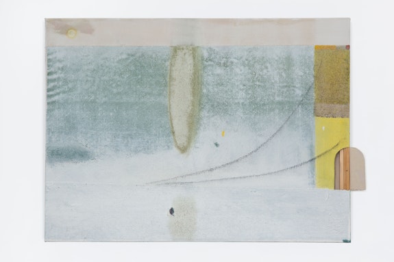 Merlin James, <em>Bridge, Moon</em>, 2019. Acrylic and mixed materials, 32 x 44 3/4 inches. Courtesy the artist and Sikkema Jenkins & Co., New York.