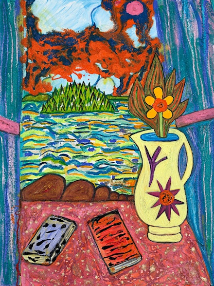 Susan Bee, <em>Life Still</em>, 2018, 24 x 18 inches, oil, enamel, and sand on linen. Courtesy the artist.