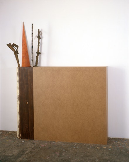 Imi Knoebel, <em>24.1.1986</em>, 1986. Wood, hard fiber, found pieces. 6 pieces: approx. 291 x 233 x 82 cm. Cube: H 173.5 x W 174 x D 37. Cabinet: W 49. Nic Tenwiggenhorn.