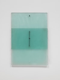 Christopher Wilmarth, <em> Half Open Drawing, </em> 1971. Etched glass and steel cable, 24 1/2 x 17 x 1 inches.