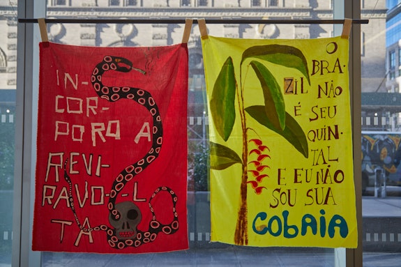 #CóleraAlegria, Selection of protest flags and slideshow with images of protests, 2016–ongoing. Dimensions variable. Courtesy the artists. Photo: Alex Korolkovas/Courtesy of AnnexB.