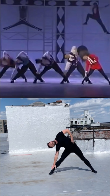 Composite Image: Writer Rennie McDougall performing on his roof, April 2020;  Paula Abdul performing 