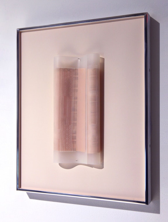 Jesse Chun, <em>translations (on evidence, untranslatable futures, and other drawings) III</em>, 2020, graphite on wall, etched latex, etched silicone, pins, pigment paper, aluminum frame, 11 x 14 inches each, , image courtesy of the artist, installation view at SculptureCenter.