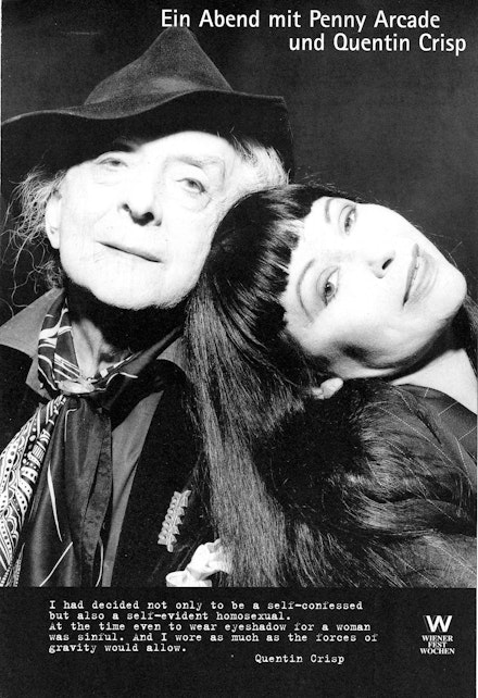 Program from <i>An Evening with Penny Arcade and Quentin Crisp</i> at Theatre an der Wien, Vienna, 1995. Photo by Leonardo de Vega. 