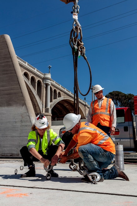 Image of construction crew working on <em>Bending the River Back Into the City</em>, 2020. Courtesy the artist and the Metabolic Studio, Los Angeles. Photo by Joshua White. 