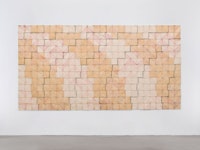 Allan McCollum, <em>Beauty is as Beauty Does</em>, 1972. Canvas squares, lacquer stain, varnish, silicone adhesive caulking, 70 x 135 inches. Courtesy Petzel Gallery, New York.
