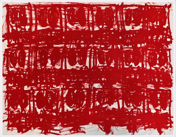 Rashid Johnson, <em>Untitled Anxious Red Drawing</em>, 2020. Oil on cotton rag, 38 1/4 x 50 inches. Courtesy Hauser & Wirth.