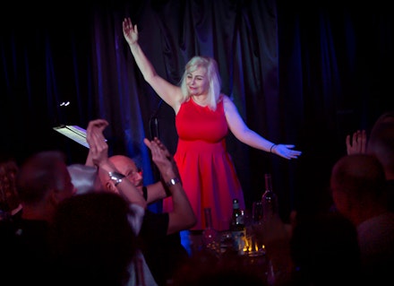 Performance of <i>Notes from the Underground</i> at Pangea Bar, Restaurant, and Cabaret, New York, 2018. Photo by Albie Mitchell.