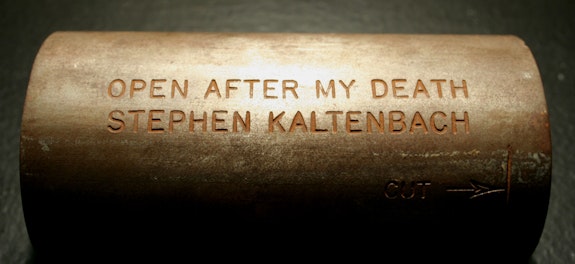 Stephen Kaltenbach, <ewm>OPEN AFTER MY DEATH</em>, 1970. Mild steel, engraved, with unknown contents, 3 x 6 x 3 inches. Collection of the artist. Courtesy the artist. 