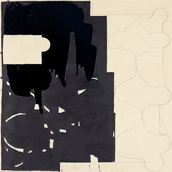 Jo Smail, <em>Chewing on Shadows</em>, 2014. Acrylic, enamel, pencil, and artist's tape collage on Canvas, 70 x 70 inches. Courtesy Goya Contemporary, Baltimore.