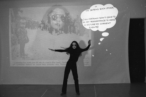 Adrian Piper, <em>It's Just Art</em>. Performance documentation, Artists Space, 1981. Courtesy Artists Space, New York.