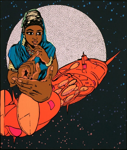 Chitra Ganesh, <em>The Fortuneteller</em>, 2014. Screenprint, woodblock, and gold leaf. 25 3/4 x 22 1/8 inches. Courtesy the artist and Durham Press.