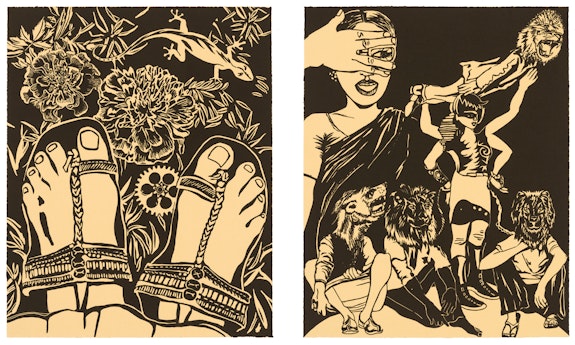 Chitra Ganesh, left: <em>Sultana’s Dream: Chappals in the Grass</em>, right: <em>Sultana's Dream: Lions Are Stronger Than Men</em>. Linocuts, 20 1/8 x 16 1/8 inches each. Courtesy the artist and Durham Press.