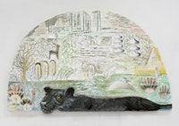 Lin May Saeed, <em>Panther Relief</em>, 2017. Polystyrene foam, acrylic paint, wood, 44 1/8 × 72 1/2 × 4 1/8 inches. Courtesy of the artist; Nicolas Krupp, Basel.