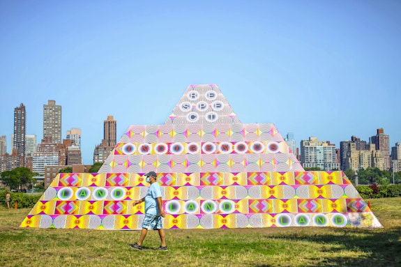 Jeffrey Gibson, <em>Because Once You Enter My House It Becomes Our House</em>, 2020. Courtesy the artist; Socrates Sculpture Park; Sikkema Jenkins & Co., New York; Kavi Gupta, Chicago; Roberts Projects, Los Angeles. Photo: Scott Lynch.