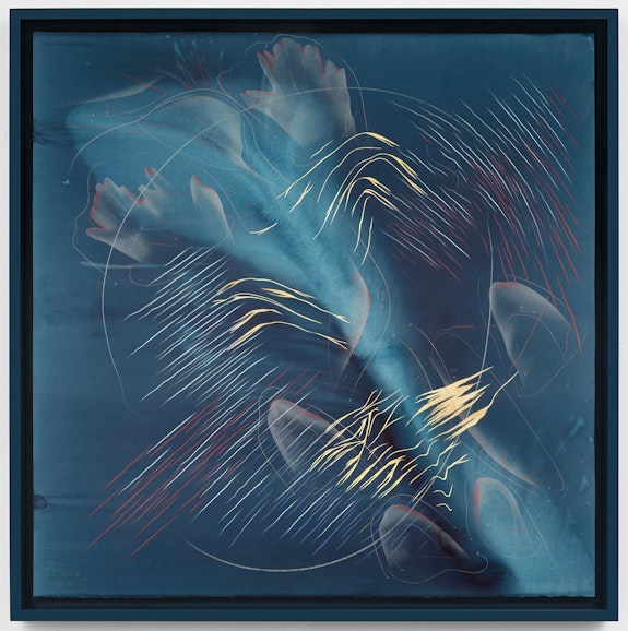 Jorinde Voigt, <em>Potential III</em>, 2020. India ink, gold leaf, pastel, oil pastel, and graphite on paper in artist-designed frame, 55 1/8 x 55 1/8 inches. © Jorinde Voigt. Courtesy the artist and David Nolan Gallery, New York.