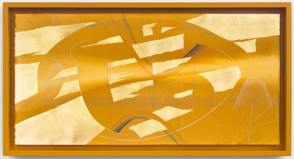 Jorinde Voigt, Immersive Integral Rainbow Study 5, 2019. India ink, gold leaf, pastel, oil pastel, and graphite on paper in artist-designed frame, 27 3/8 x 55 3/8 inches. © Jorinde Voigt. Courtesy the artist and David Nolan Gallery, New York.
