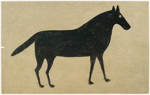 Bill Traylor, <em>Black Horse</em>, 1939-42. Pencil and poster paint on cardboard, 14 x 22 inches. Courtesy Andrew Edlin, New York.