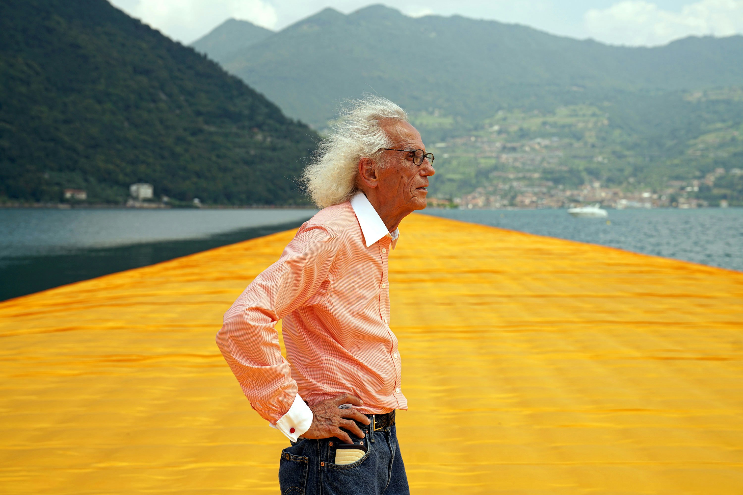 Christo at The Floating Piers, June 2016. Courtesy Christo and Jeanne-Claude. Photo: Wolfang Volz.