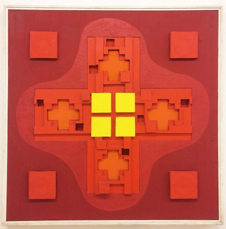 George Ortman, <em>Peace II</em>, 1961. Oil on canvas and wood construction, 48 x 48 inches.  Courtesy Mitchell Algus Gallery, Newy York.