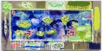Joan Snyder, <em>Paint A Pond</em>, 2019. Oil, acrylic, burlap, paper on canvas, 32 x 64 inches. Courtesy Canada Gallery, New York.
