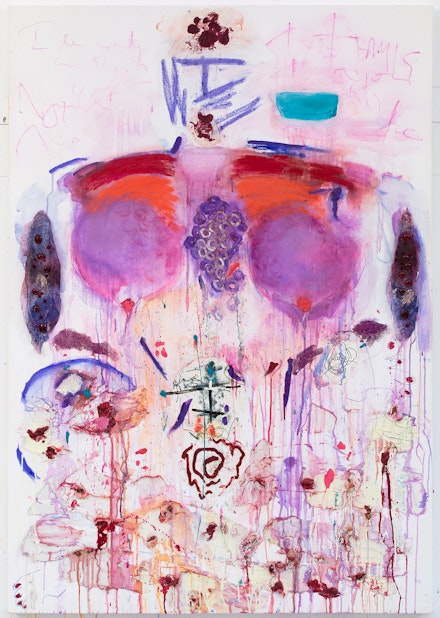 Joan Snyder, <em>SHE</em>, 2017. Oil, acrylic, watercolor, paper, cloth, colored pencil, pastel on canvas, 60 x 42 inches. Courtesy Canada Gallery, New York.