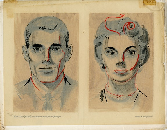Drawing by W. Mark Shaw for the Famous Artists Correspondence School with instructor critiques. Courtesy the artist and Metro Pictures, New York.