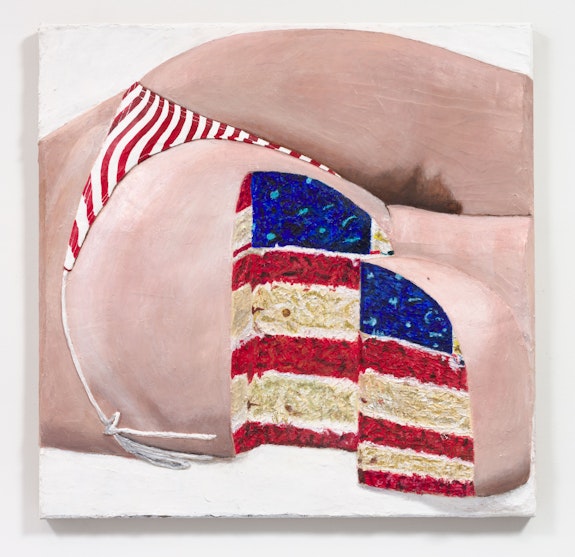 Gina Beavers, <em>American Flag Sponge Butt Cake</em>, 2020. Acrylic on linen on panel, 48 x 48x 4 inches. Courtesy the artist and Marianne Boesky Gallery, New York and Aspen. © Gina Beavers. Photo: Lance Brewer.