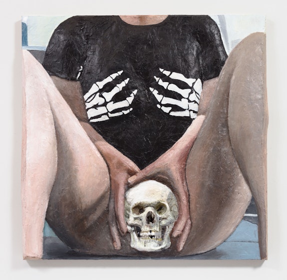 Gina Beavers, <em>Skull Crotch</em>, 2020. Acrylic on linen on panel, 48 x 48 x 4 inches. Courtesy the artist and Marianne Boesky Gallery, New York and Aspen. © Gina Beavers. Photo: Lance Brewer.
