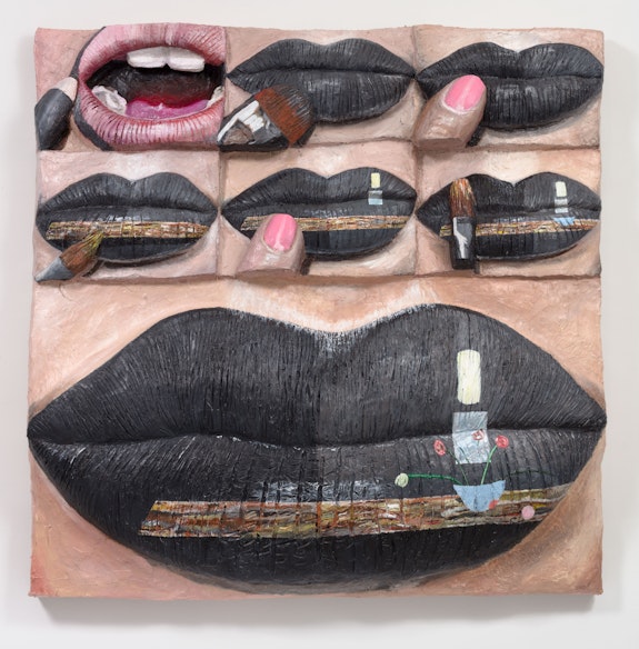 Gina Beavers, <em>Trying to paint Laura Owens 'Untitled 1997' on my lips</em>, 2020. Acrylic and foam on linen on panel 72 x 72 x 12 inches. Courtesy the artist and Marianne Boesky Gallery, New York and Aspen. © Gina Beavers. Photo: Lance Brewer.