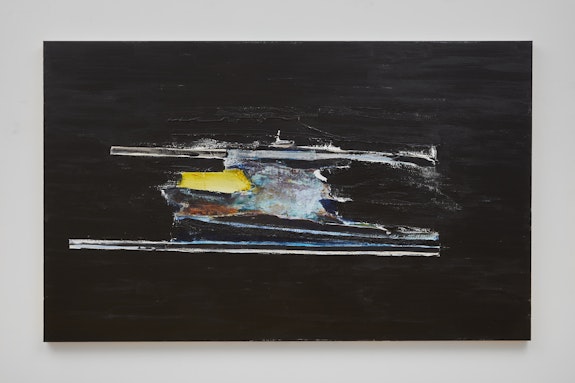 Erik Lindman, <em>Blackwater</em>, 2019-20. Acrylic, collaged canvas and canvas webbing on linen, 70 7/8 x 43 1/4 inches. Courtesy the artist and Peter Blum Gallery, New York. Photo: Jason Wyche.</p>