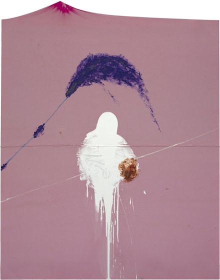 Julian Schnabel, <em>The Road, </em>2020. Oil and gesso on found fabric, 122 x 96 inches. © Julian Schnabel / Artists Rights Society (ARS), New York. 