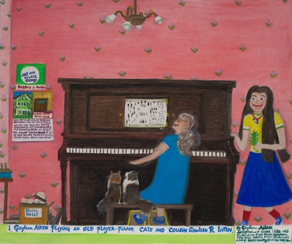 Gayleen Aiken, <em>I, Gayleen Aiken Playing An Old Player-Piano, Cats And Cousin Gawleen R. Listen</em>, 1987. Acrylic on canvas, 20 x 24 inches. Courtesy the artist and Fort Gansevoort.