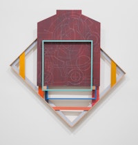 Andrew Lyght, <em>Painting Structures P330</em>, 2018–19. Red oak, paint stick, acrylic, Prismacolor pencil, plywood, nylon cord, 56 x 56 x 5 1/2 inches. © Andrew Lyght. Courtesy Anna Zorina Gallery, New York City. 