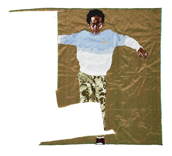 Billie Zangewa, <em>Everyday Miracle</em>, 2020. Hand-stitched silk collage, 44 1/2 x 49 1/2 inches. Courtesy the artist and Lehmann Maupin, New York, Hong Kong, Seoul, and London.