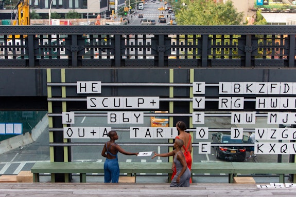 Will Rawls, <em>Uncle Rebus</em>, 2018. High Line, New York. Pictured from left: Trinity Bobo, Jasmine Hearn, Stanley Gambucci. Photo: Liz Ligon. Courtesy the artist.