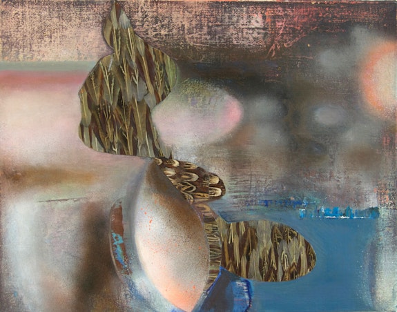Mary Jones, <em>Hatchling</em>, 2020. Oil, silver leaf, spray paint, and feathered wallpaper on canvas, 11 x 14 inches. Courtesy High Noon, New York.